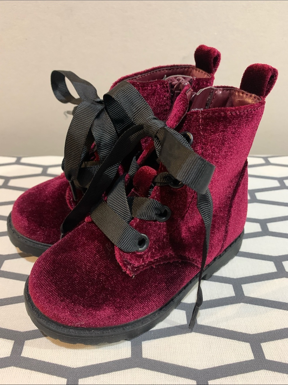 Cat & Jack Velvet Lace-Up Boots in Burgundy and Black